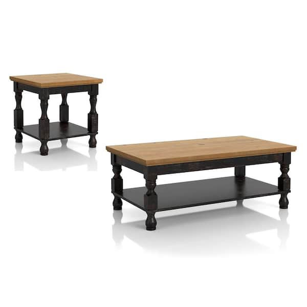 Furniture of America Heavenly 47.5 in. Antique Black and Oak Rectangle Wood Coffee Table Set with Open Shelf (2-Piece)