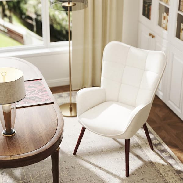 KAN Modern Wingback Office Task Chair with Tufted Back, Soft White Fabric Seat, and Walnut Wood Legs