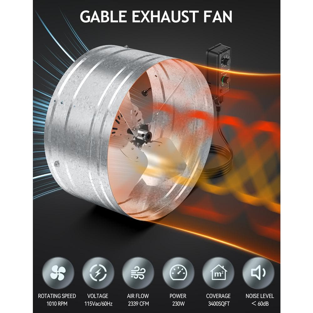 14" Silver Wall Mounted Variable Speed Gable Exhaust Fan with Thermostat