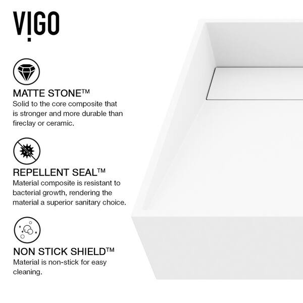 VIGO Matte Stone Starr Composite Square Vessel Bathroom Sink In White With Niko Faucet And Drain In Chrome Vgt2037 - View #6