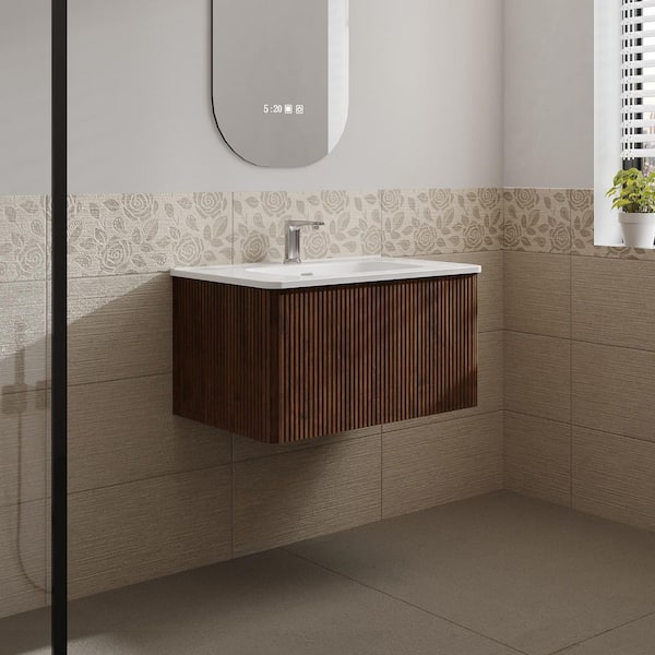 Aaby 30 in. W x 18 in. D x 15 in. H Wall Mounted Floating Bath Vanity Cabinet in Brown with White Ceramic Top and Sink