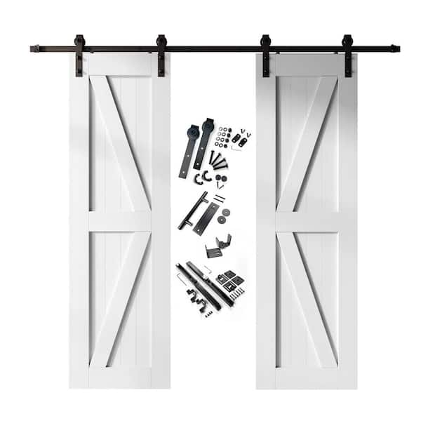 24 in. x 96 in. K-Frame White Double Pine Wood Interior Sliding Barn Door with Hardware Kit, Non-Bypass