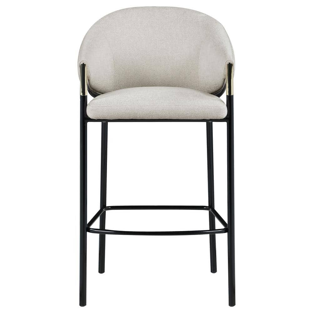 Beige Fabric and Black Metal Bar Height Stools with Sloped Arms