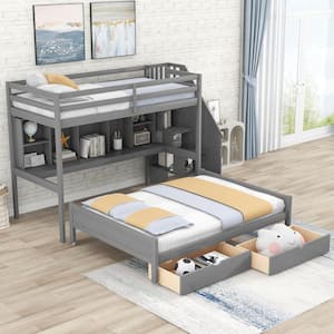 Gray Wood Twin XL Over Full Bunk Bed with Built-in Storage Shelves, Drawers And Staircase