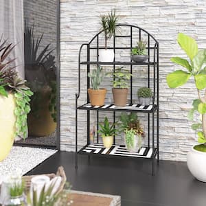 3-Tier Outdoor Folding Metal Plant Stand with Mosaic Tile Shelves