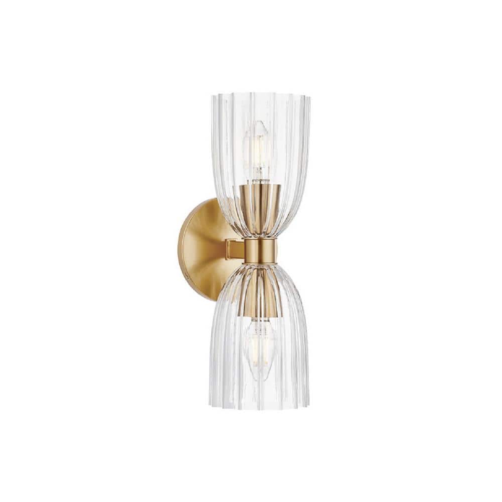 Meridian 5 in. W x 13.75 in. H 2-Light Natural Brass Transitional Wall Sconce with Clear Pleated Glass Shades price history on PriceWatchPro