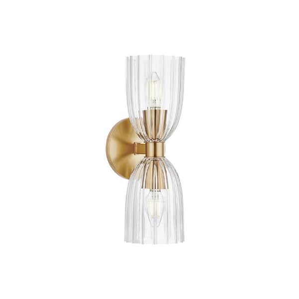 Meridian 5 in. W x 13.75 in. H 2-Light Natural Brass Transitional Wall Sconce with Clear Pleated Glass Shades