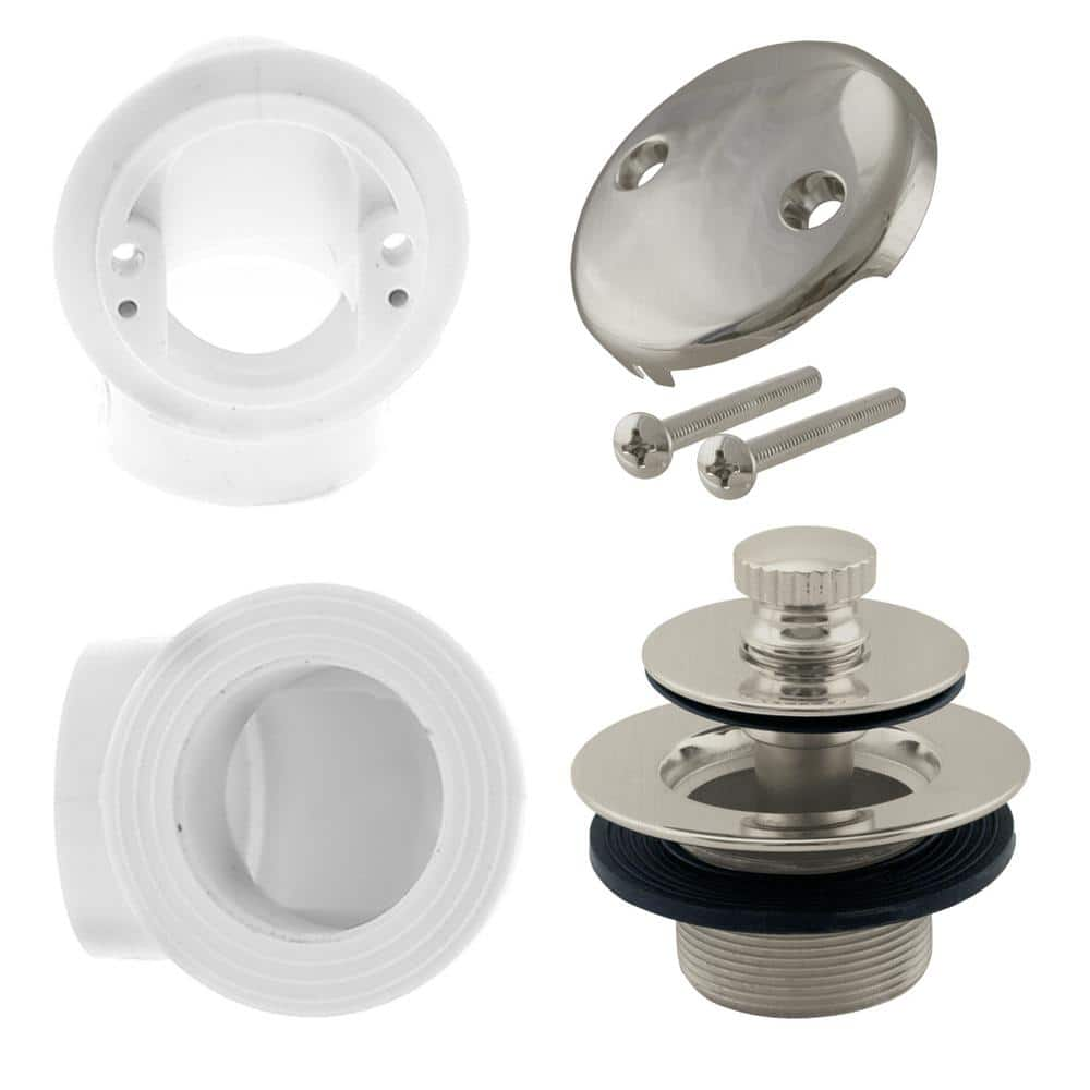 Westbrass Sch. 40 PVC 1-1/2 in. Course Thread Plumber's Pack Twist Close Bathtub Drain with Two-Hole Elbow, Satin Nickel