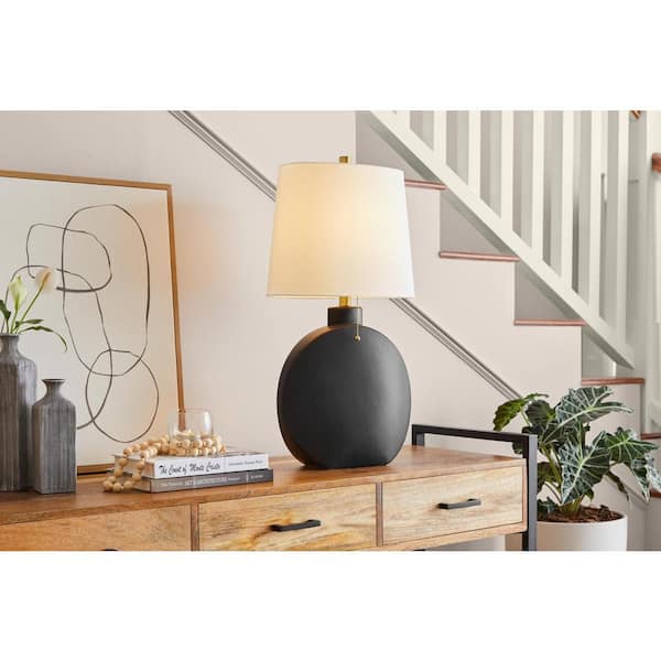 Hampton Bay Wimbee 26.5 in. Ceramic Black Indoor Table Lamp with White Fabric Shade