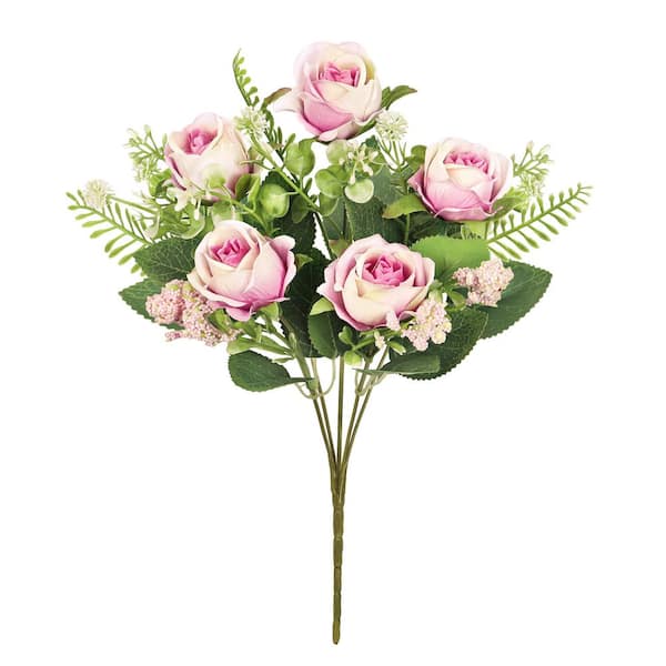 LIVING LUXURY 12 in. Petite Pink Cream Artificial Rose Flower Stem Bush Bouquet (Set-6)