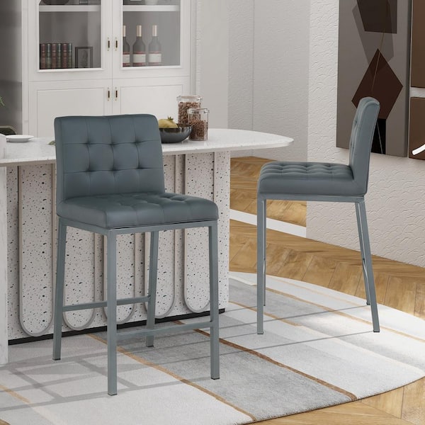 Seafuloy 35.8 in. Gray Faux Leather Metal Legs High Counter Bar Side Chair with Back (set of 2)