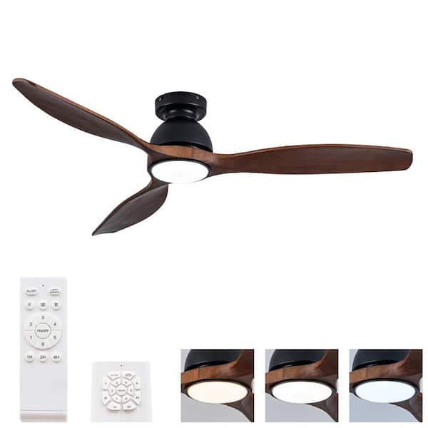 52 in. Indoor Flush Mount Ceiling Fan Solid Wood with Light, Wall Switch and Remote Control 6 Speed, Black