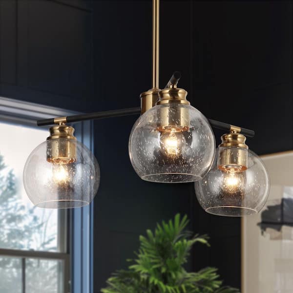 18 in. 3-Light Modern Polished Brass Chandelier, Black Kitchen Island Pendant Light, Seeded Glass Dining Room Chandelier