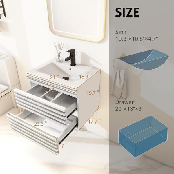 24 in. W x 18.3 in. D x 19.7 in. H Floating 1-Sink Bath Vanity in White with White Ceramic Top and Drain Faucet Set