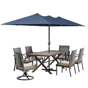 8-Piece Metal Patio Outdoor Dining Set with Back-Woven, Swivel Chairs, Rectangular Table, Umbrella and Grey Cushions