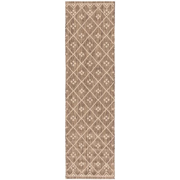 Courtyard Brown/Light Beige 2 ft. x 8 ft. Tribal Diamond Indoor/Outdoor Runner Rug