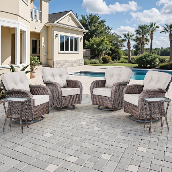 6-Piece Brown Wicker Patio Conversation Set, Outdoor Swivel Chairs, Side Tbales with Beige Cushions, Wider Backrest
