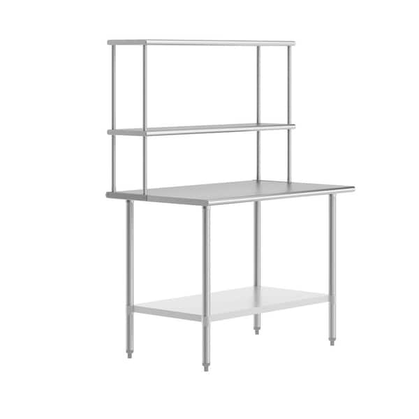 Reese Stainless Steel Metal 48.0 in. Portable Kitchen Prep Table with Double Overshelves and Galvanized Steel Undershelf