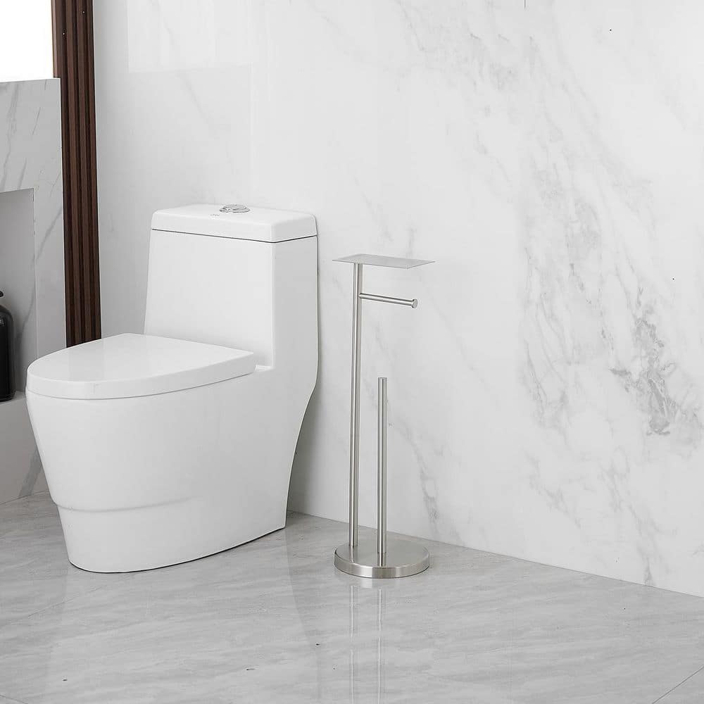 Brushed Nickel Freestanding Toilet Paper Holder with Storage Shelf