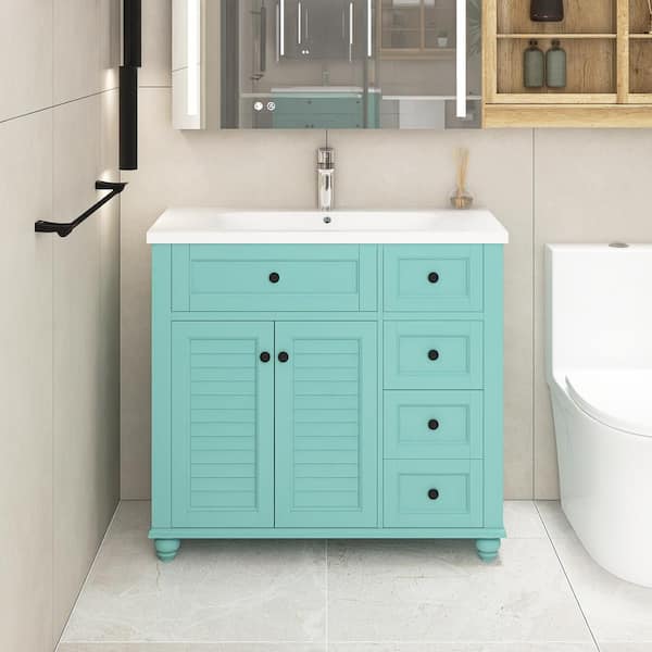 Staykiwi 36 in. W x 18 in. D x 33 in. H Single Sink Freestanding Bathroom Vanity in Blue-Green with White Cultured Marble Top