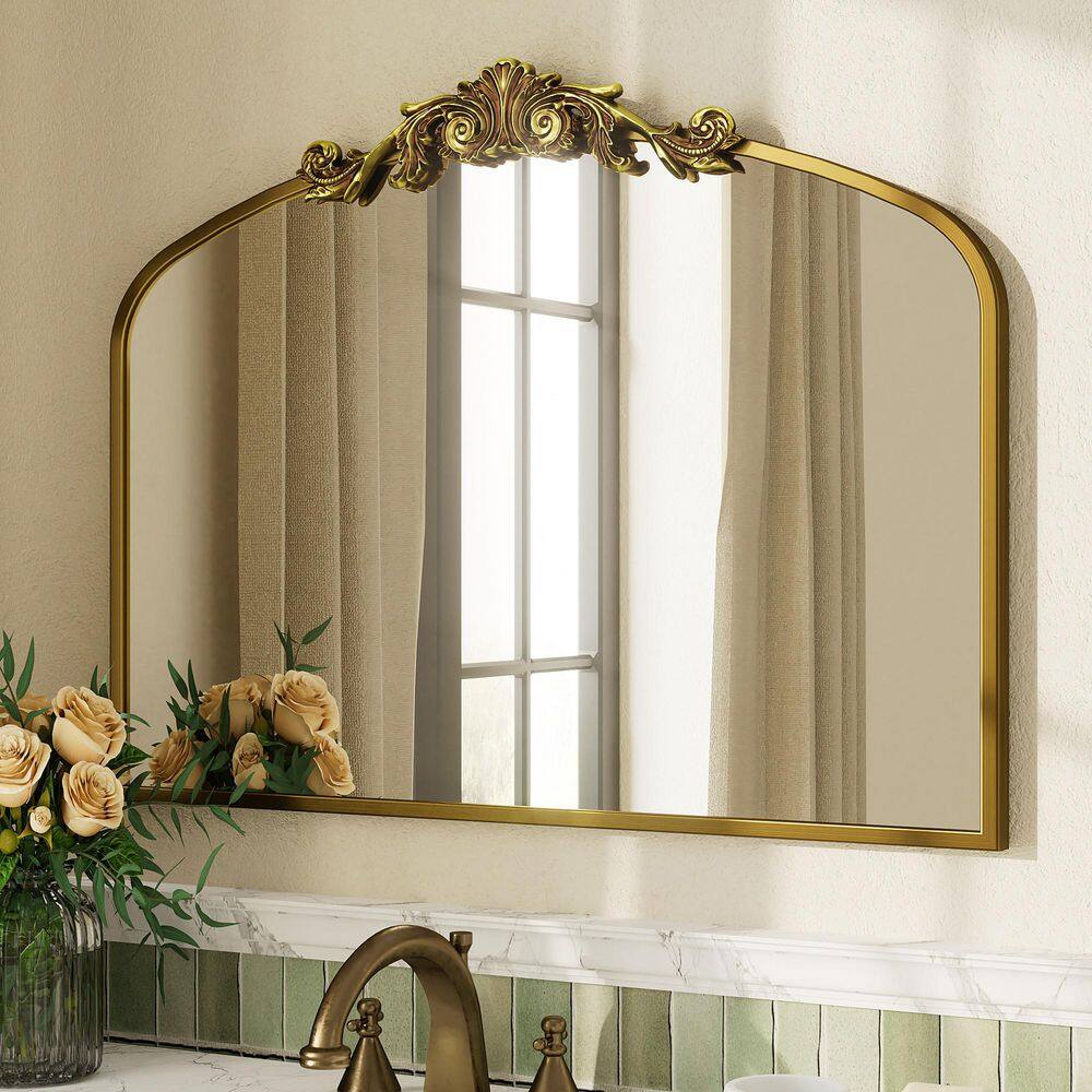 32 in. W x 24 in. H Arch Aluminum Alloy Framed French Cleat Mounted Baroque Wall Decor Bathroom Vanity Mirror in Gold price history on PriceWatchPro