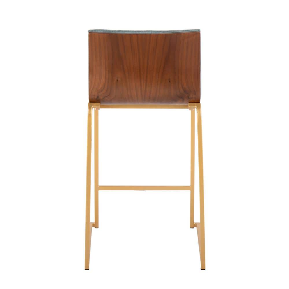 Set of 2 Green Upholstered Wood and Gold Metal Counter Stools