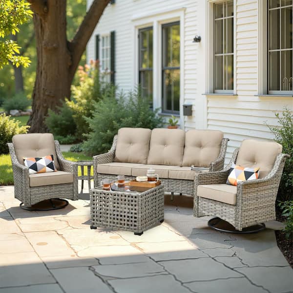HOOOWOOO Denver 5-Piece Wicker Outdoor Furniture Patio Conversation Sofa Set with Swivel Rocking Chairs and Beige Cushions