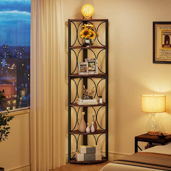 BYBLIGHT 67 in. Tall Rustic Brown Engineered Wood 6-Shelf Corner Bookcase for Living Room, Small Space, Set of 2