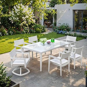 Outdoor Patio Aluminum Dining Set with 4 Dining Chairs, 2 Swivel Rockers and 1 Rectangle Dining Table in White(7 of Set)