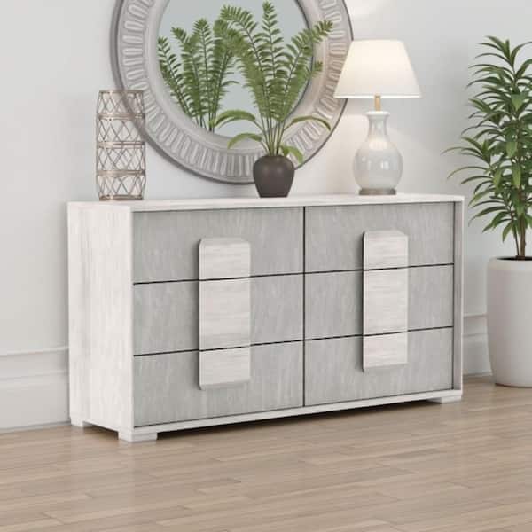 Nomi White Wash and Stone Gray 6-Drawer 60 in. Dresser without Mirror