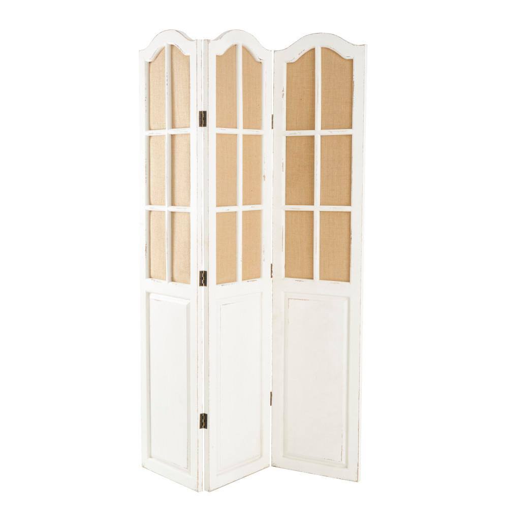 Beige and White Fir Wood Triple Panel Folding Privacy Screen