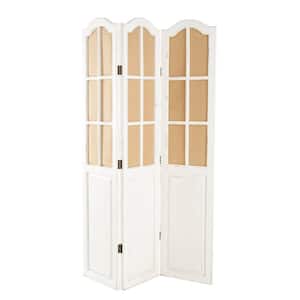 4 ft. Hinged Foldable Partition Beige 3 Panel Room Divider Screen with Burlap Window Pane Design