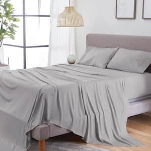 Hyper-Linen 4-Piece Bed Sheet Set Breathable Linen Blend Sheets Lightweight Fabric Light Grey Queen