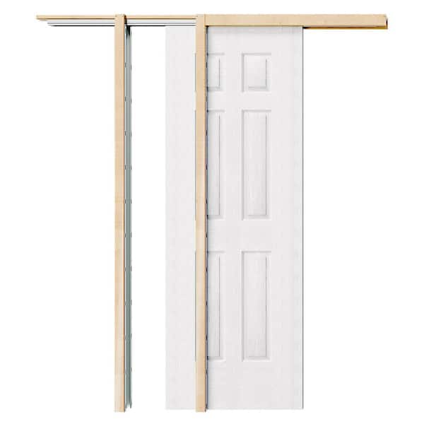 60 in. x 80 in. 6 Panel, Hollow Core, White Primed, MDF, Textured Pre-Assembled Sliding Door with All Hardware