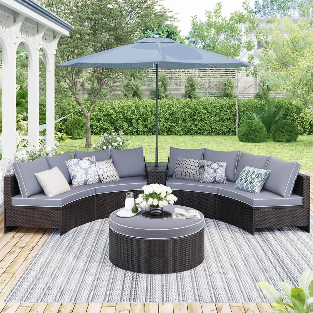 Outdoor Brown 6-Piece Wicker Patio Conversation Set with Gray Cushions -  Wateday, PF-SH000147AAE