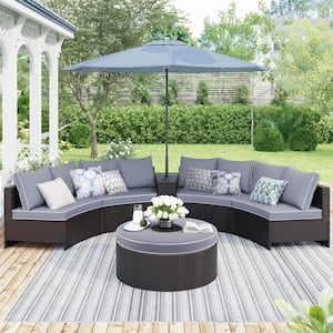 Outdoor Brown 6-Piece Wicker Patio Conversation Set with Gray Cushions