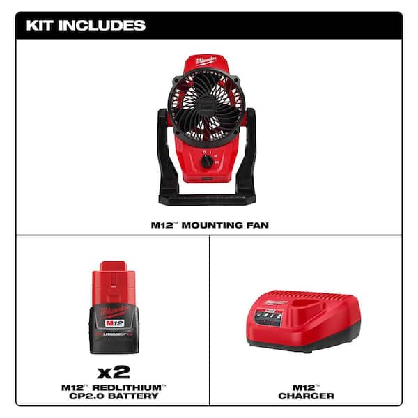 M12 12-Volt Lithium-Ion Cordless Jobsite Fan with M12 Compact 2.0 Ah Battery (2-Pack) Starter Kit and Charger
