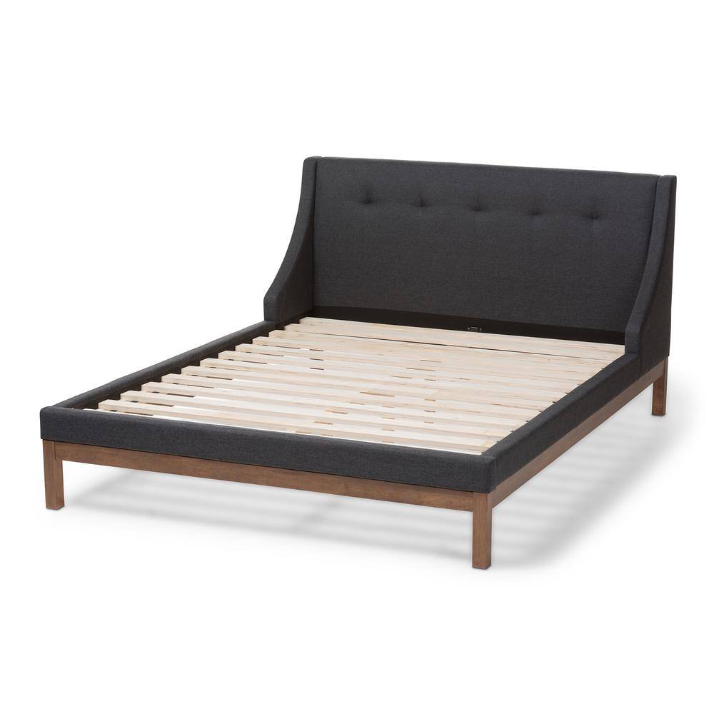 Queen Dark Grey Tufted Upholstered Walnut Wood Platform Bed