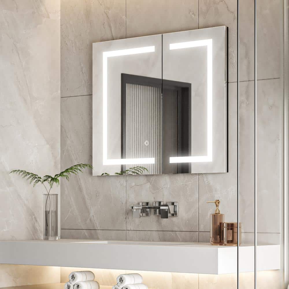 Modern Frameless Silver Glass LED Lighted Bathroom Medicine Cabinet