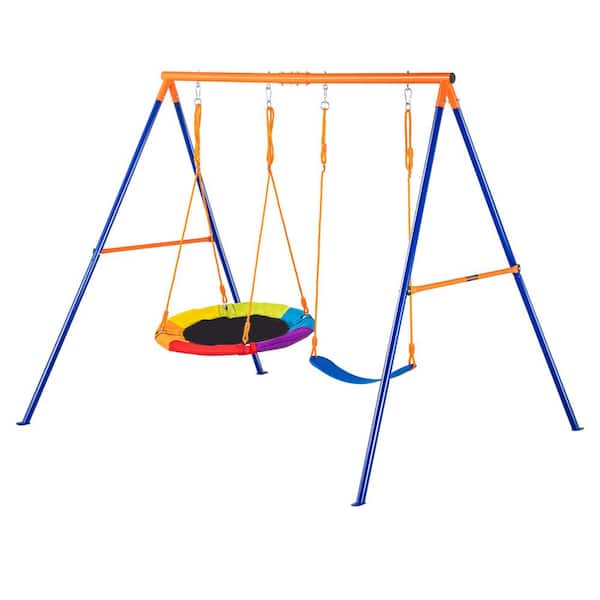 Swing Set for Backyard Metal Outdoor Swing Set w/ 1 Saucer and 1 Belt Swing Seat 440 lbs. Load Capacity Heavy Duty Stand