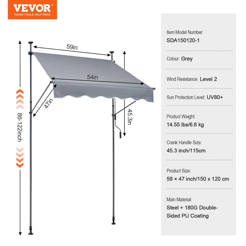 Gray Retractable Patio Awning with Manual Crank, 59" x 47"