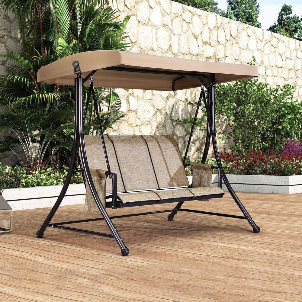 3-Person Deluxe Outdoor Patio Porch Swing Weather Resistant Steel Frame Aluminum, Adjustable Tilt Canopy, Silver Gray