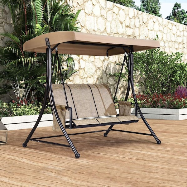 3-Person Deluxe Outdoor Patio Porch Swing with Weather Resistant Steel Frame, Adjustable Tilt Canopy, Beige