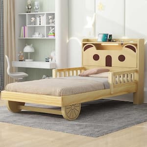 Natural Wood Twin Bear-Shaped Kids Bed, Platform Bed with Hidden Storage Headboard, USB, LED Lights