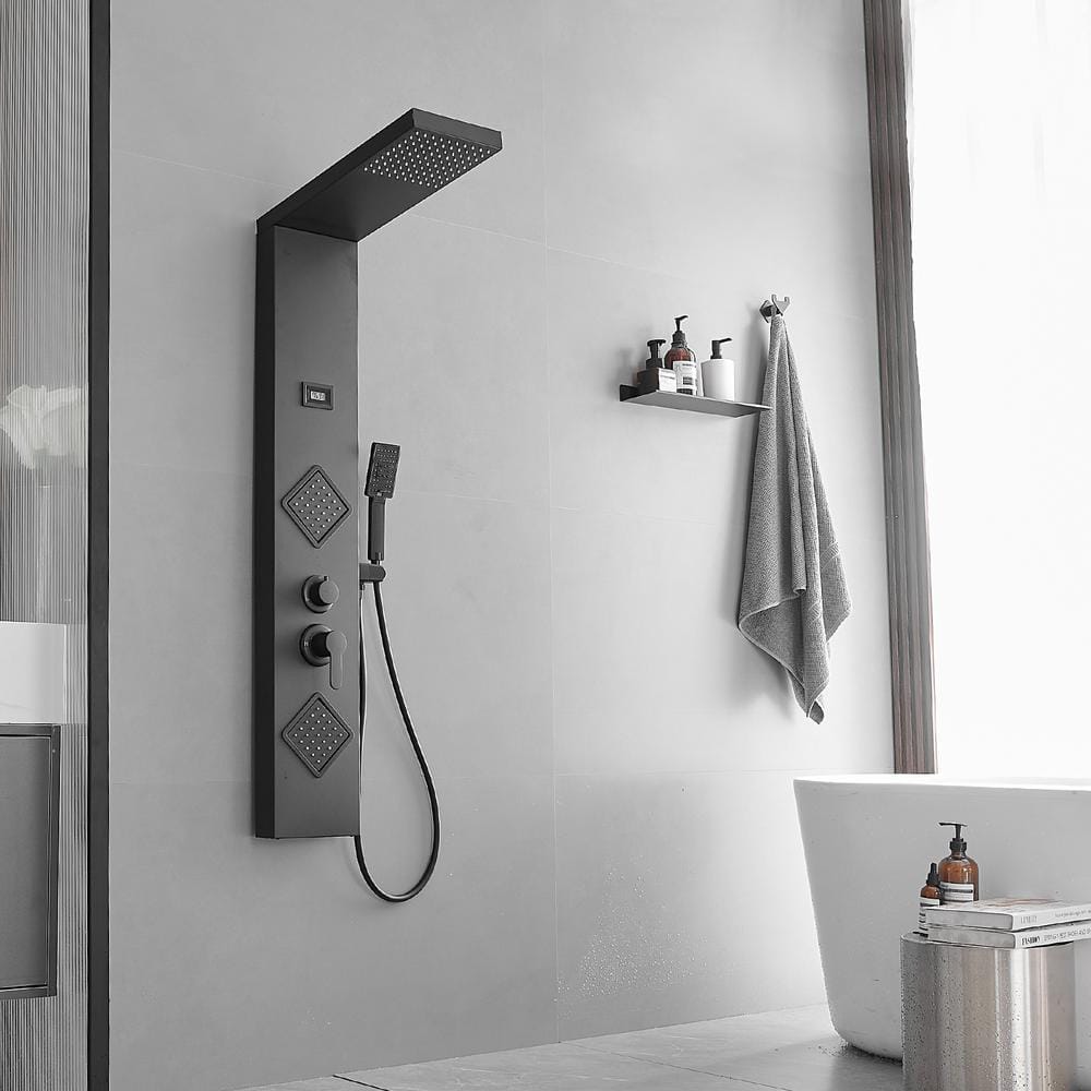 Matte Black 47" Shower Panel System with Rainfall Shower Head and Body Jets