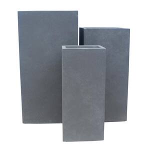 28", 24" and 20"H Square Charcoal Lightweight Concrete/Fiberglass Indoor Outdoor Modern Seamless Tall Planters(Set of 3)