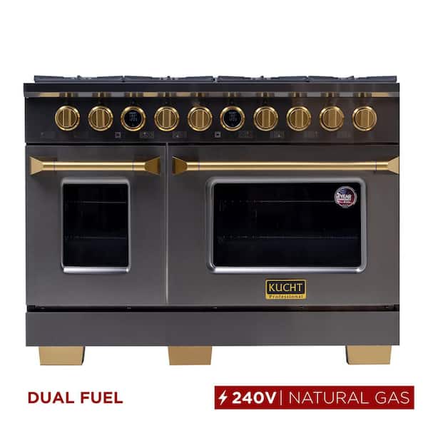 48 in. 8-Burners Double Oven Dual Fuel Range Natural Gas in Titanium Stainless Steel with Horus Digital Dial Thermostat