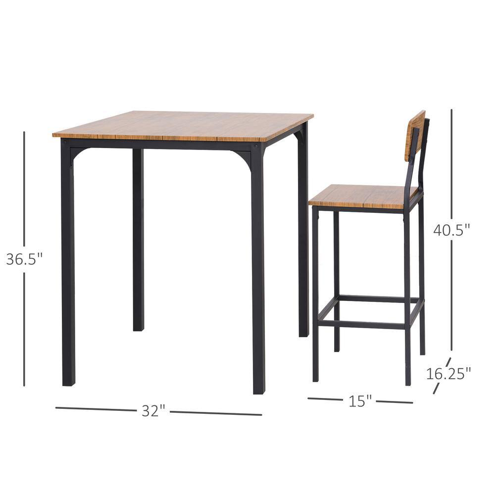 Rustic Brown MDF and Steel Pub Table Set with 2 Chairs