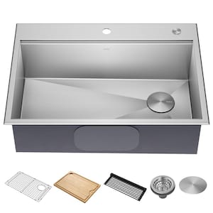 Kore 30 in. Drop-In Single Bowl 16 Gauge Stainless Steel Kitchen Workstation Bar Sink with Accessories