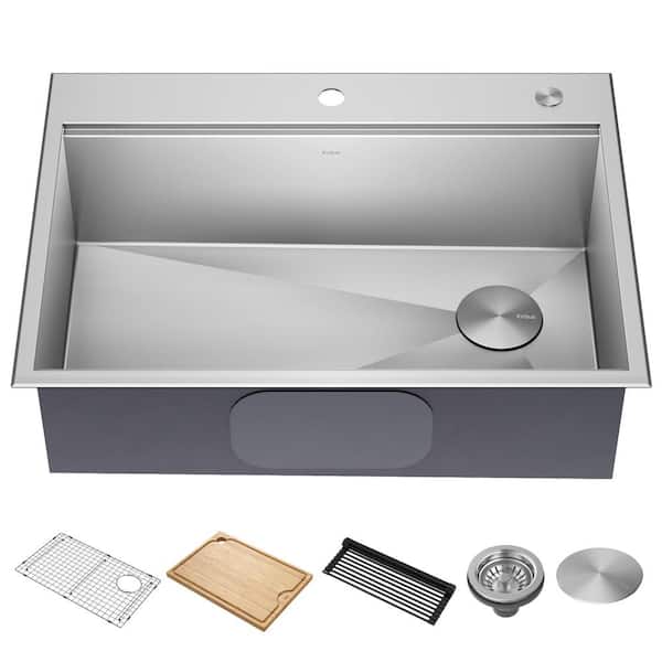 KRAUS Kore 30 in. Drop-In Single Bowl 16 Gauge Stainless Steel Kitchen Workstation Bar Sink with Accessories